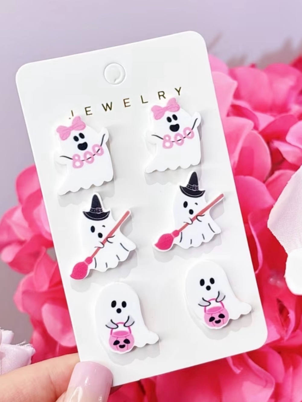 Acrylic Ghost Halloween Earring Set - White & Pink 👻🎀🧙‍♀️🧹